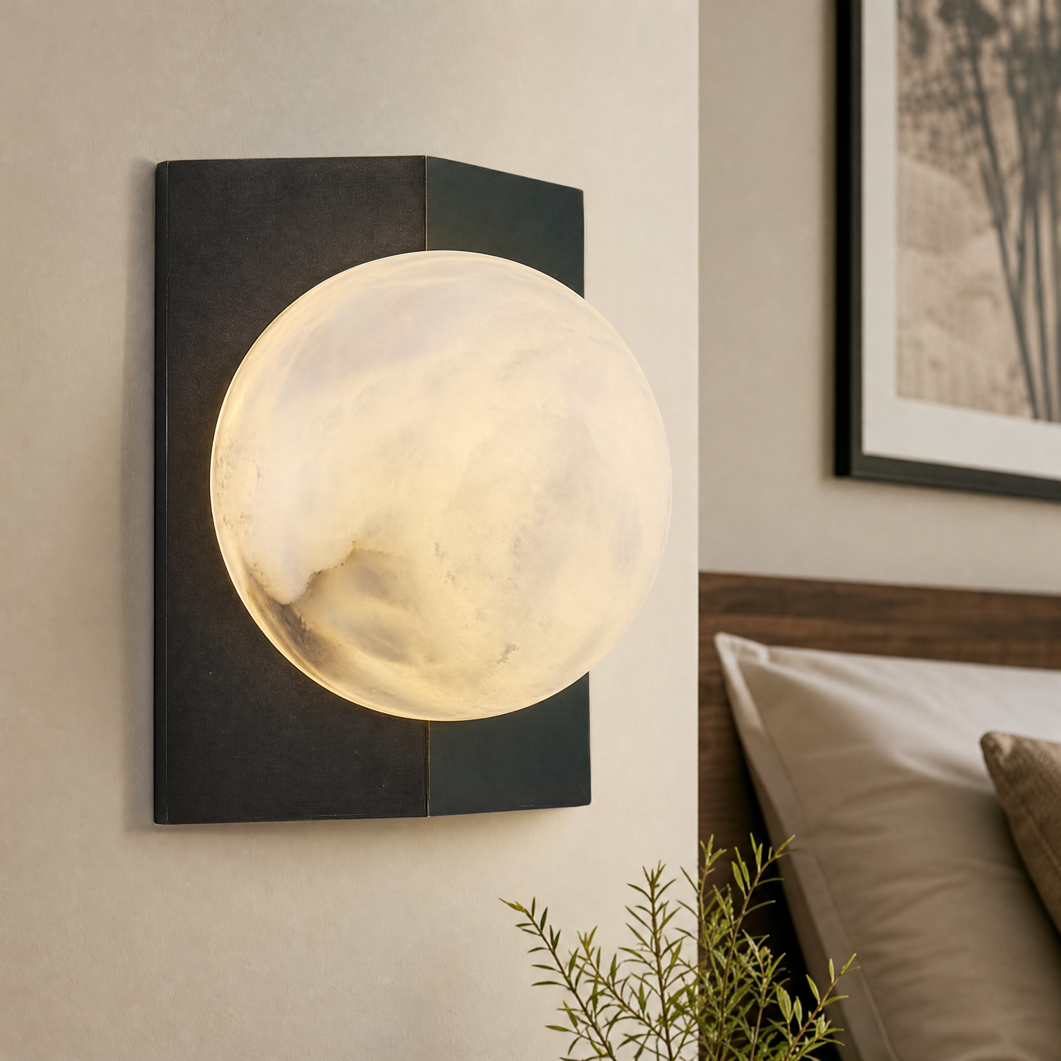 Rectangular Plate Front Orb Alabaster Wall Sconce