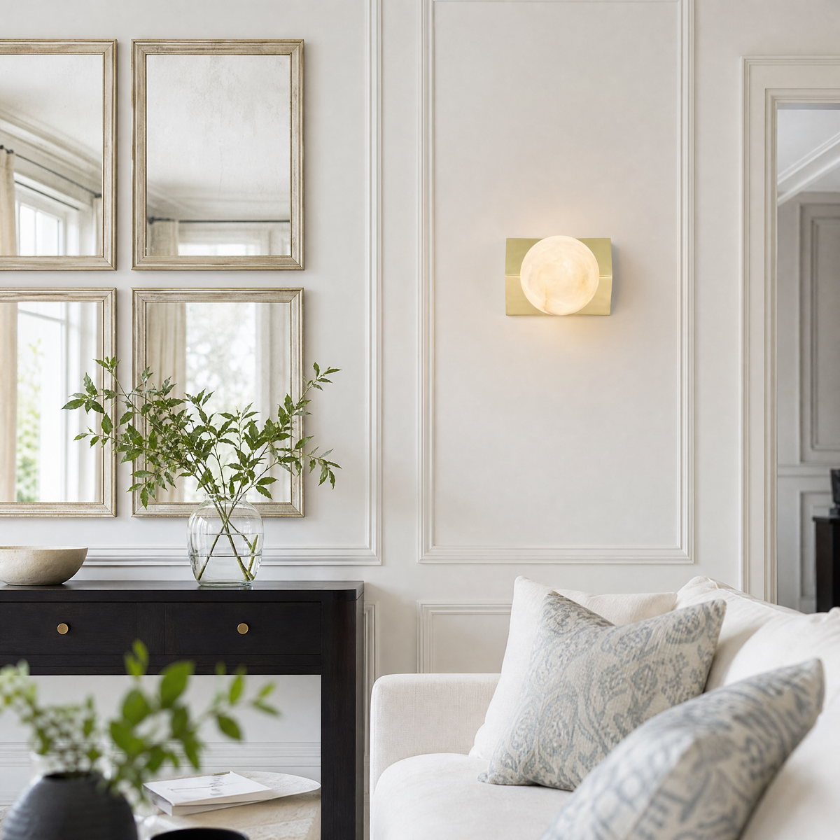 Rectangular Plate Front Orb Alabaster Wall Sconce
