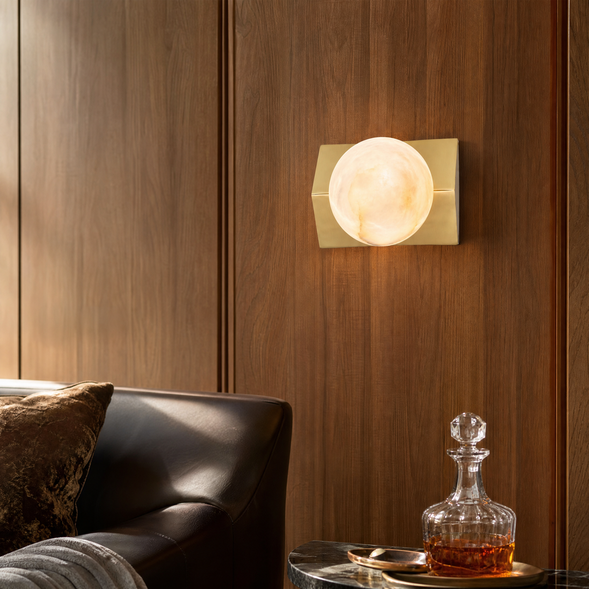 Rectangular Plate Front Orb Alabaster Wall Sconce
