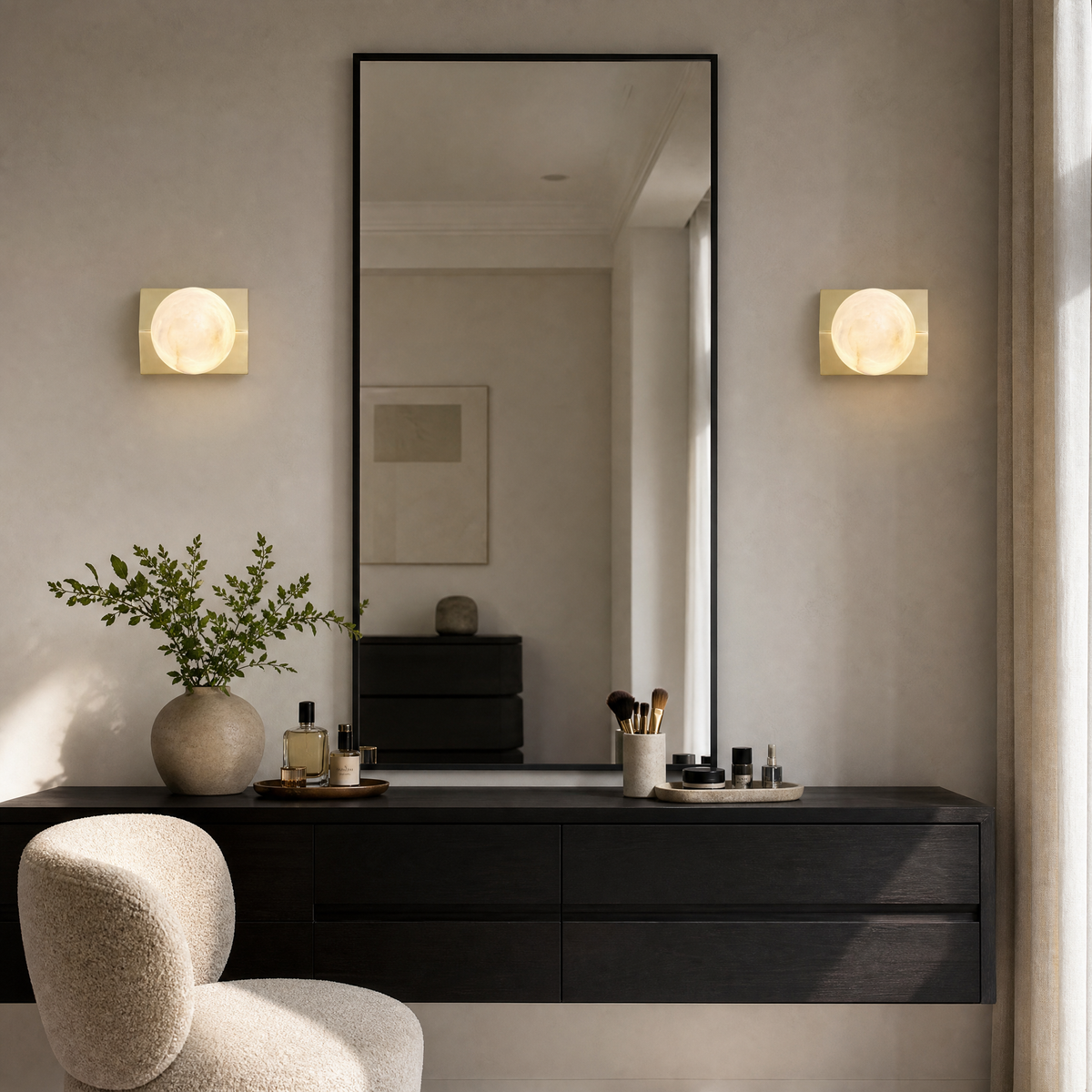 Rectangular Plate Front Orb Alabaster Wall Sconce