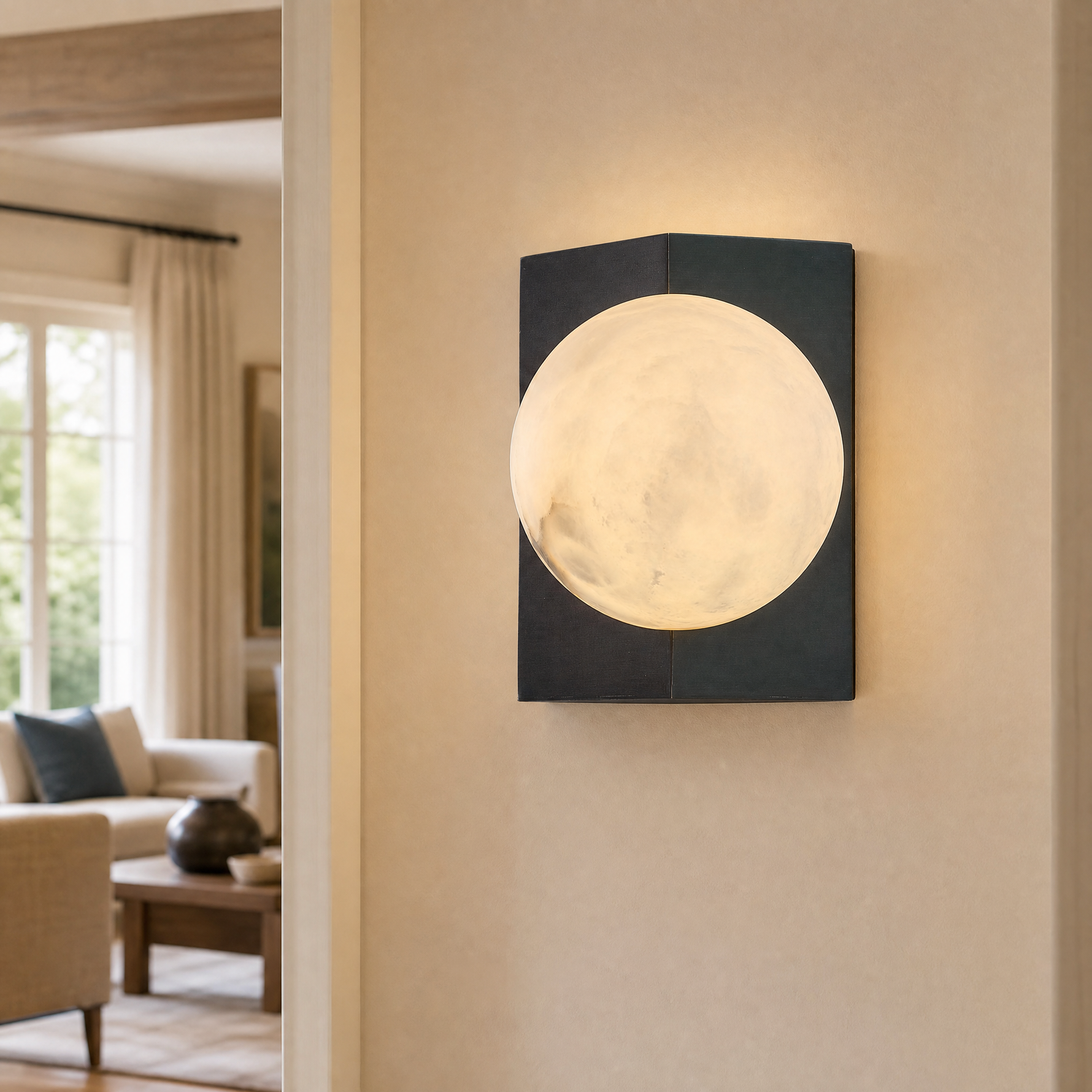 Rectangular Plate Front Orb Alabaster Wall Sconce