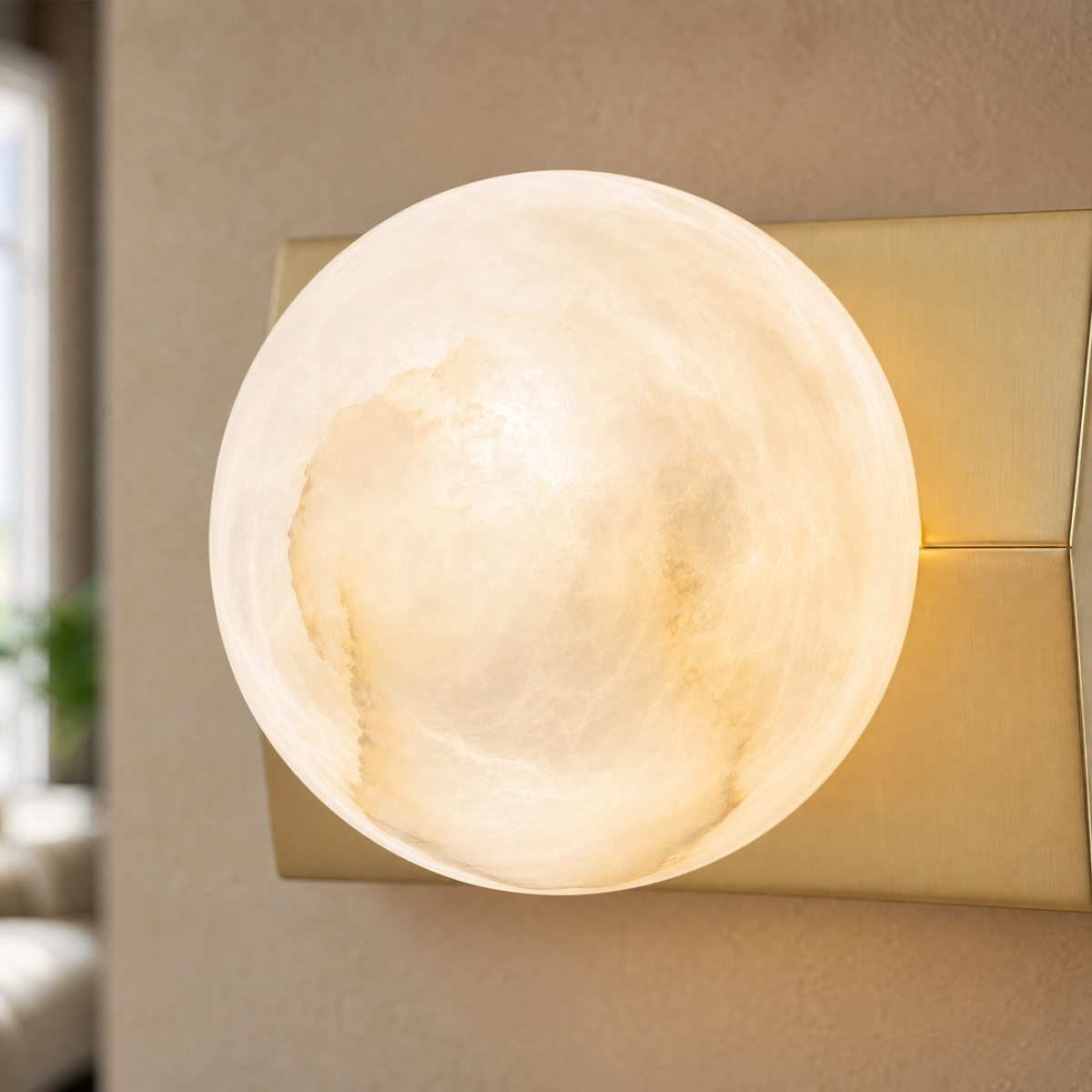 Rectangular Plate Front Orb Alabaster Wall Sconce