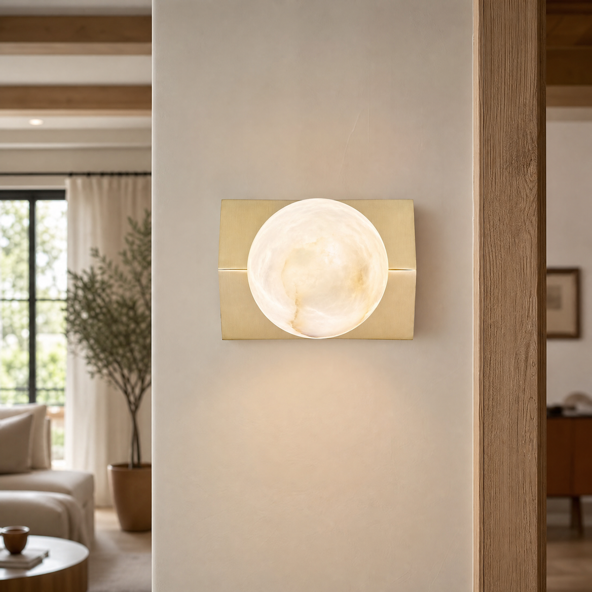 Rectangular Plate Front Orb Alabaster Wall Sconce