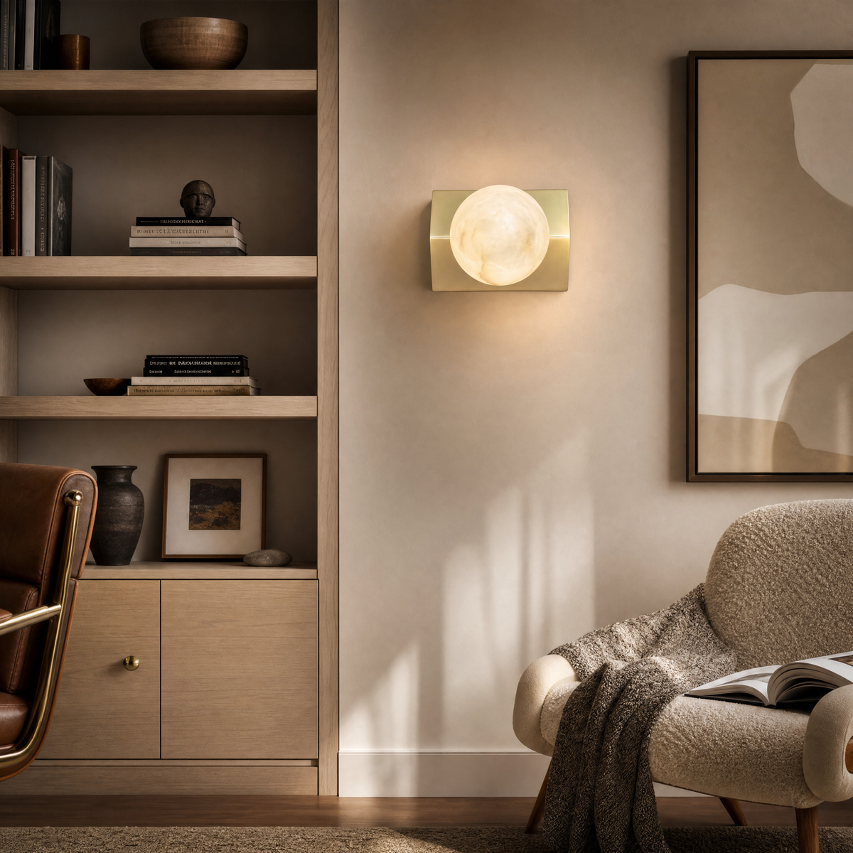 Rectangular Plate Front Orb Alabaster Wall Sconce