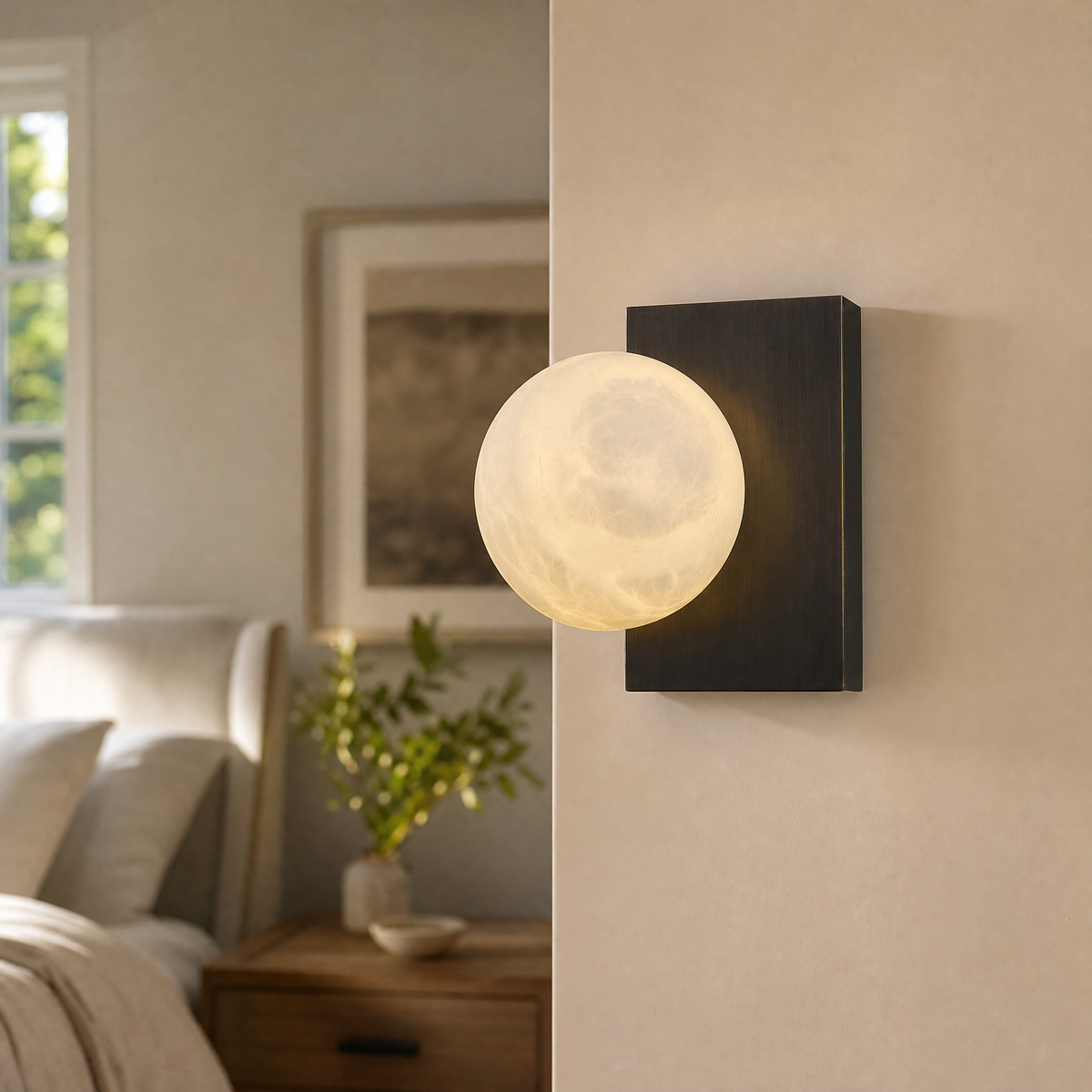 Rectangular Plate Side Orb Alabaster Wall Sconce