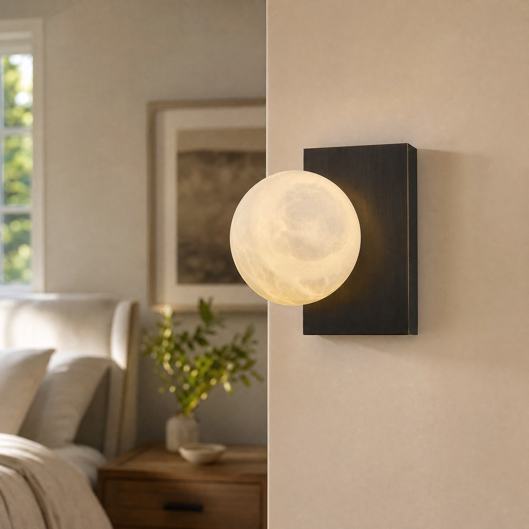 Rectangular Plate Side Orb Alabaster Wall Sconce