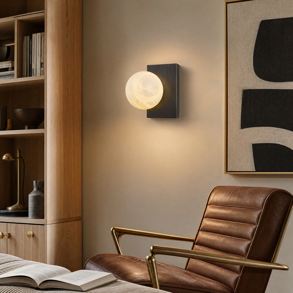 Rectangular Plate Side Orb Alabaster Wall Sconce