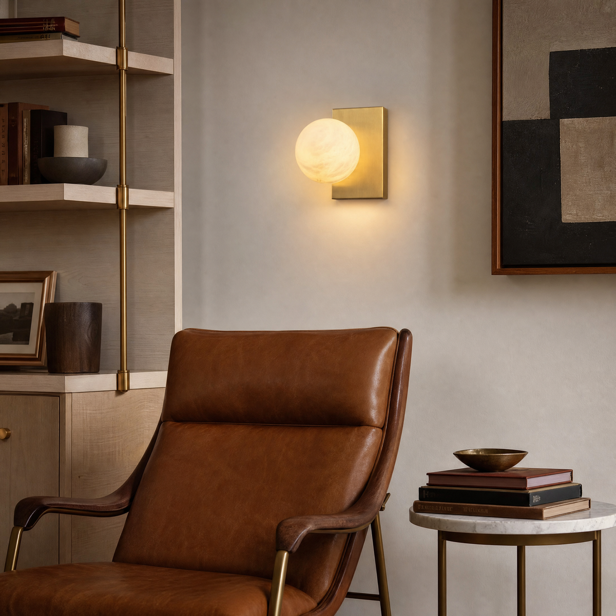 Rectangular Plate Side Orb Alabaster Wall Sconce
