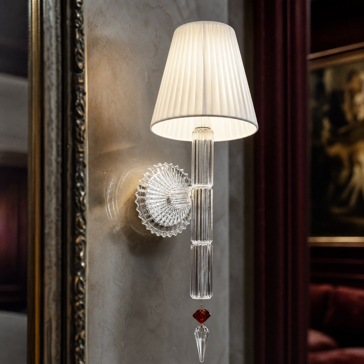 Red Crystal Pleated Fabric Glass Wall Sconce