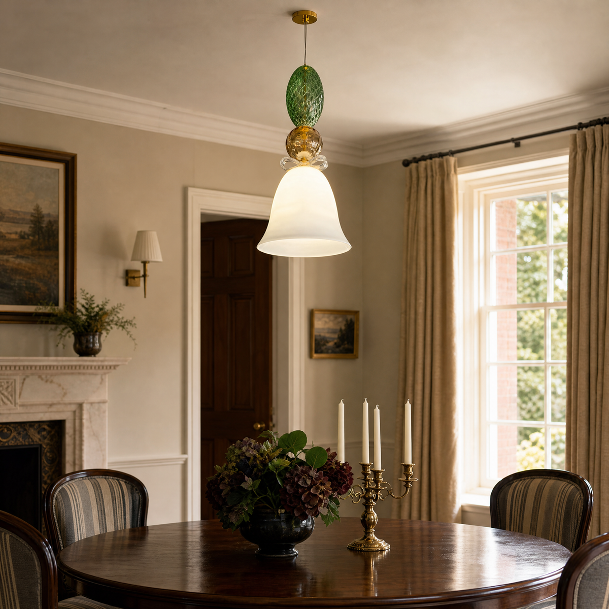 Ribbed Green Amber Glass Bow-Tie Bell Pendant Light