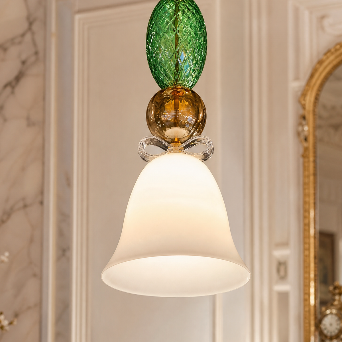 Ribbed Green Amber Glass Bow-Tie Bell Pendant Light