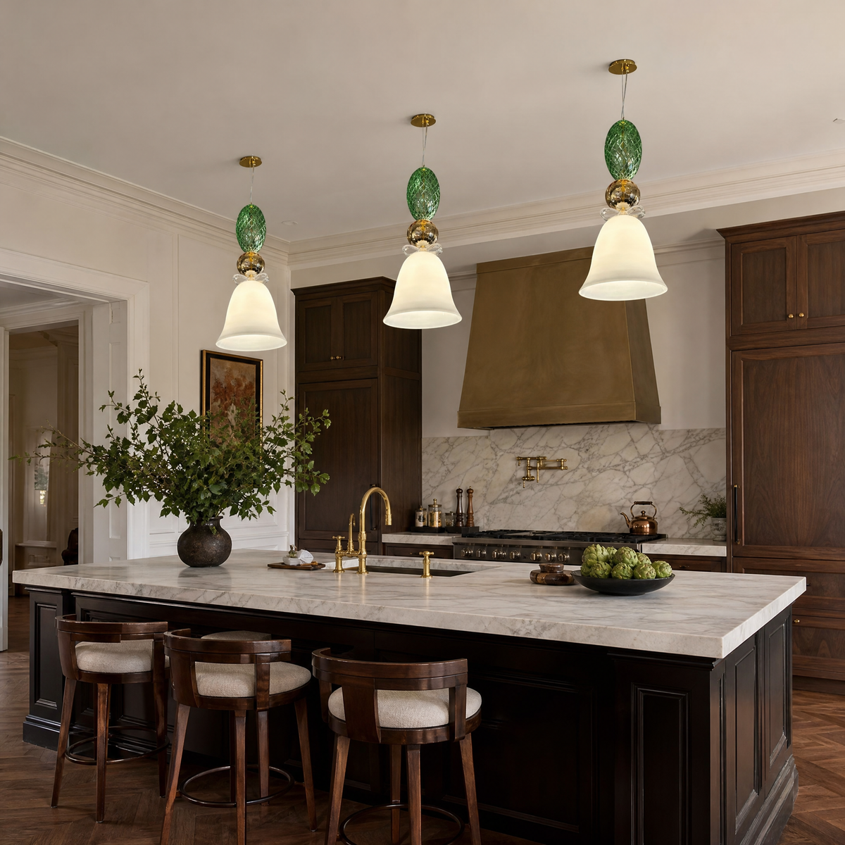 Ribbed Green Amber Glass Bow-Tie Bell Pendant Light