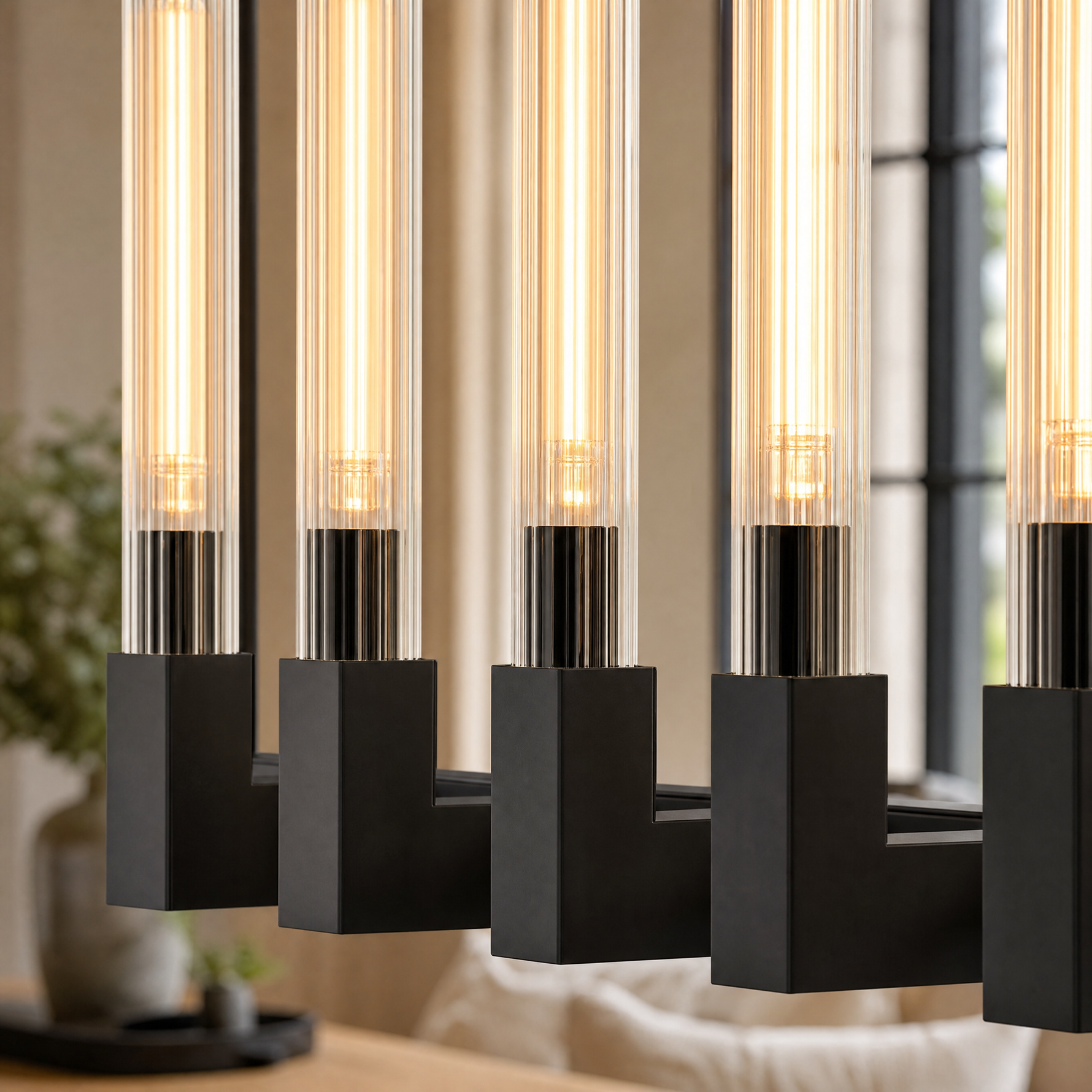 Right Angle Glass Linear Dining Pendant 1370 - Black (Fixed Glass)