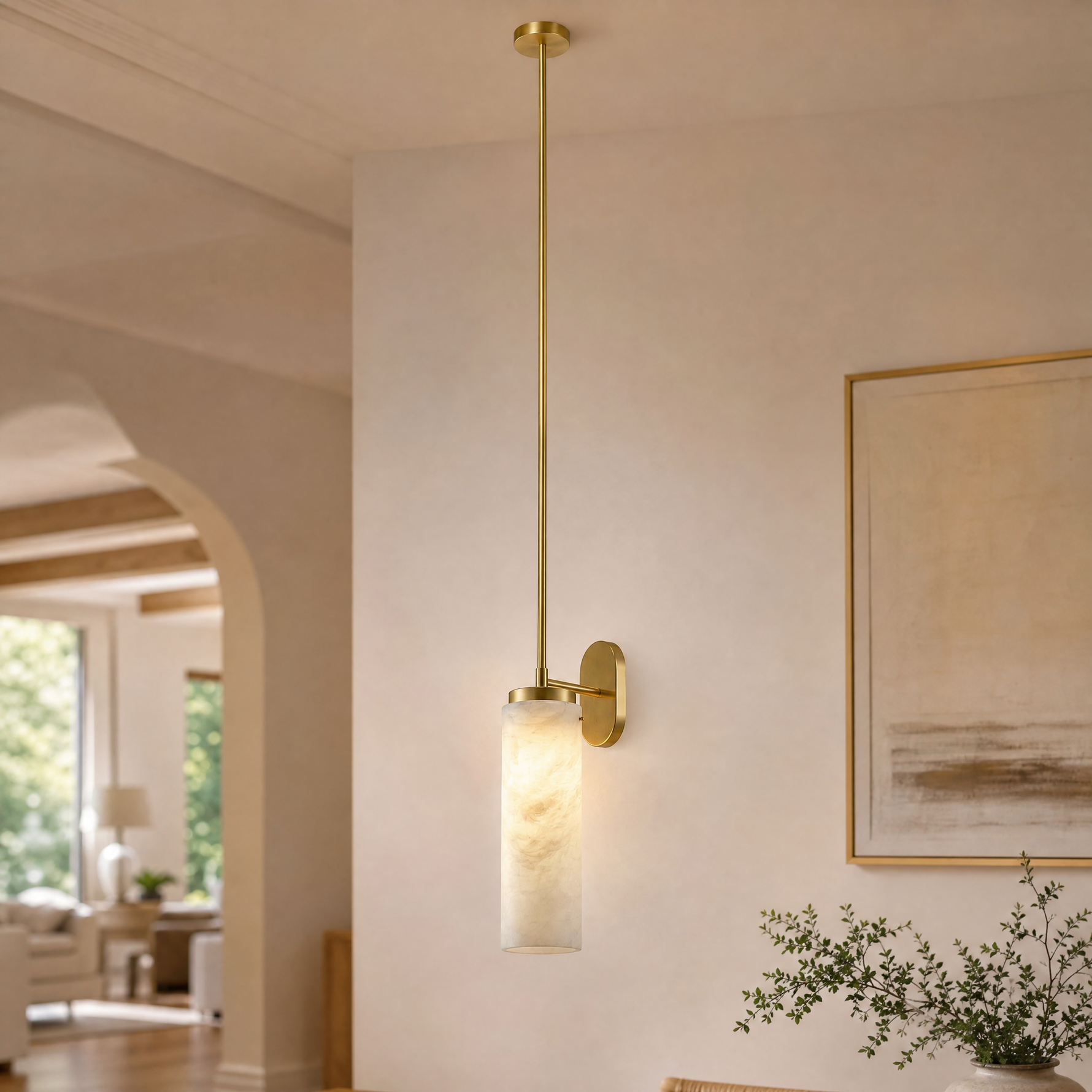 Rod Pendant Tall Drop Alabaster Brass Wall Sconce