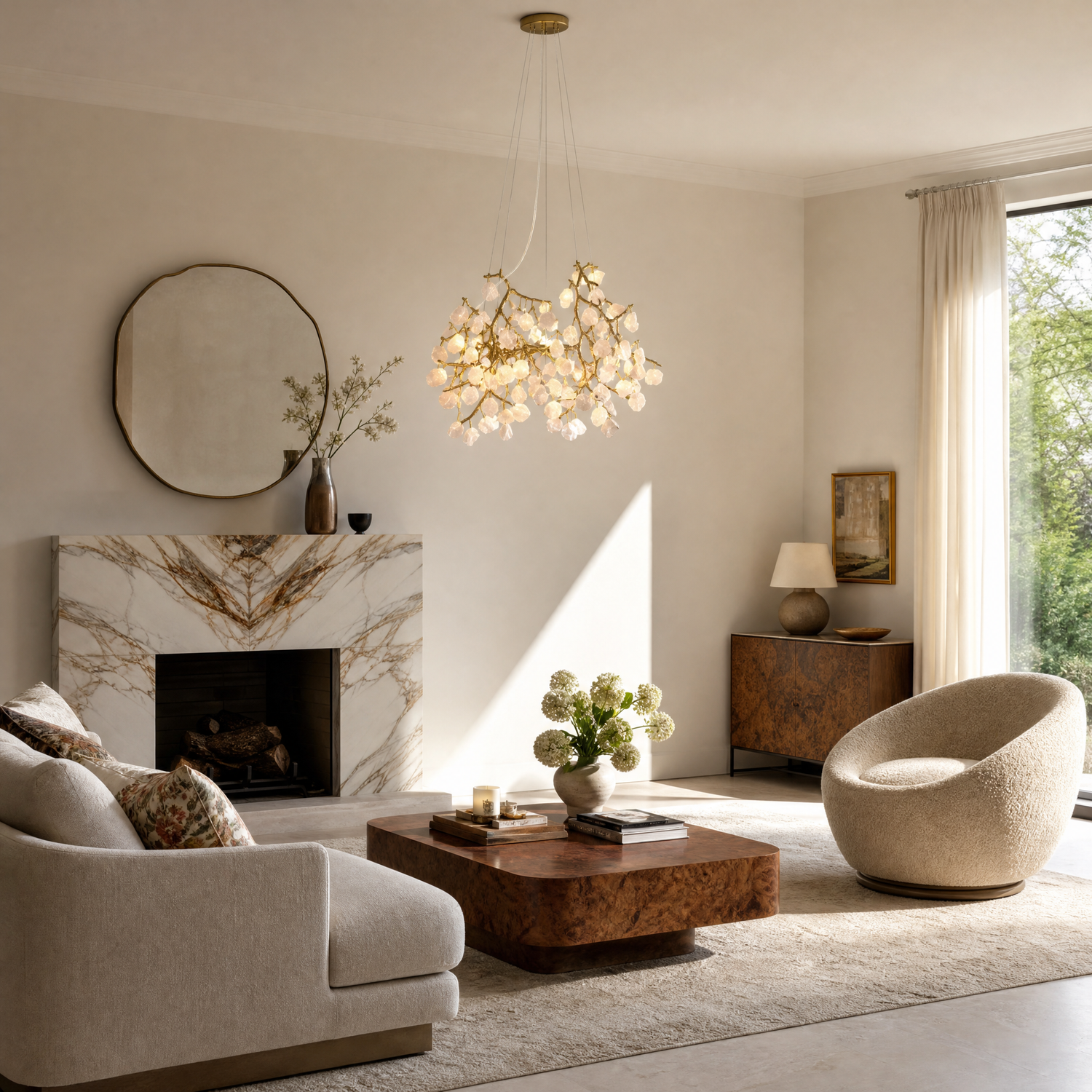 A branching metal chandelier finished in warm brass featuring clusters of raw rose quartz crystals.