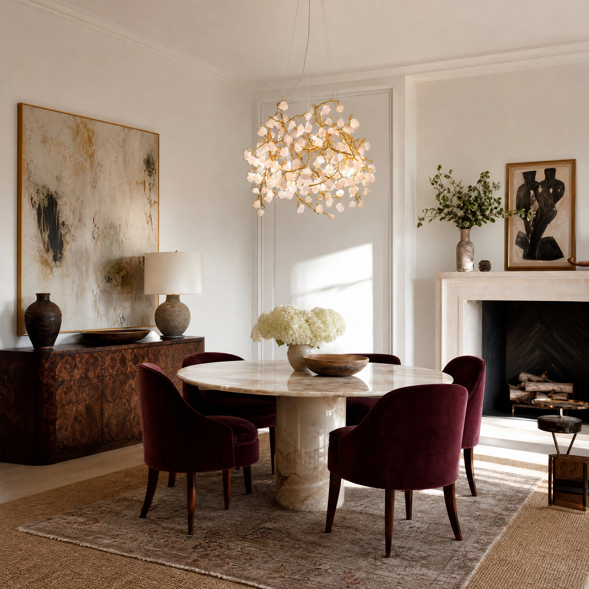 A branching metal chandelier finished in warm brass featuring clusters of raw rose quartz crystals.