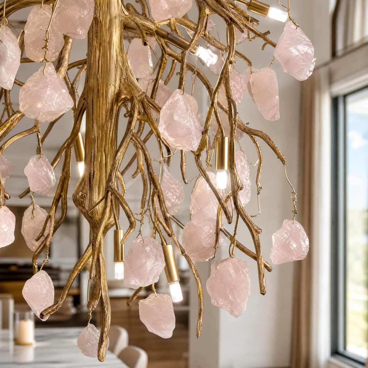 A modern branch chandelier with a textured gold finish features suspended raw rose quartz crystals casting a warm glow.