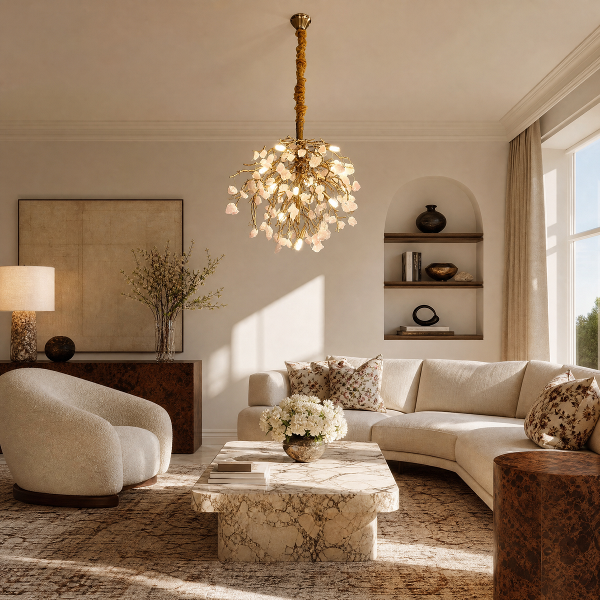 A modern branch chandelier with a textured gold finish features suspended raw rose quartz crystals casting a warm glow.
