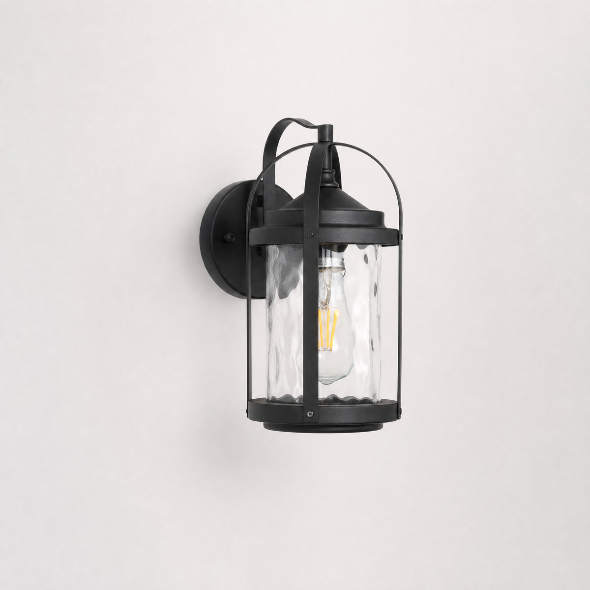 Rustic Matte Black Steel Outdoor Wall Lantern with Textured Glass