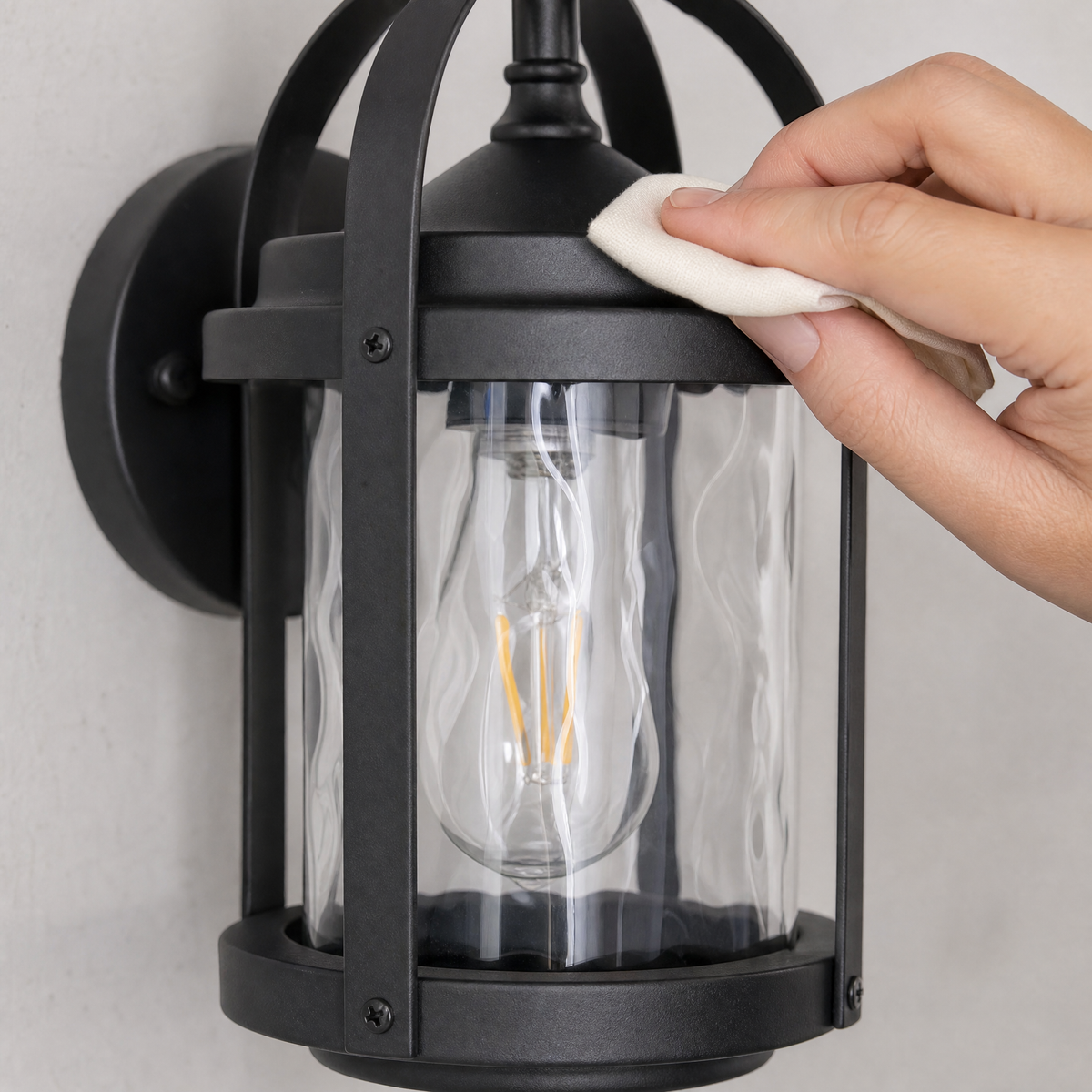 Rustic Matte Black Steel Outdoor Wall Lantern with Textured Glass