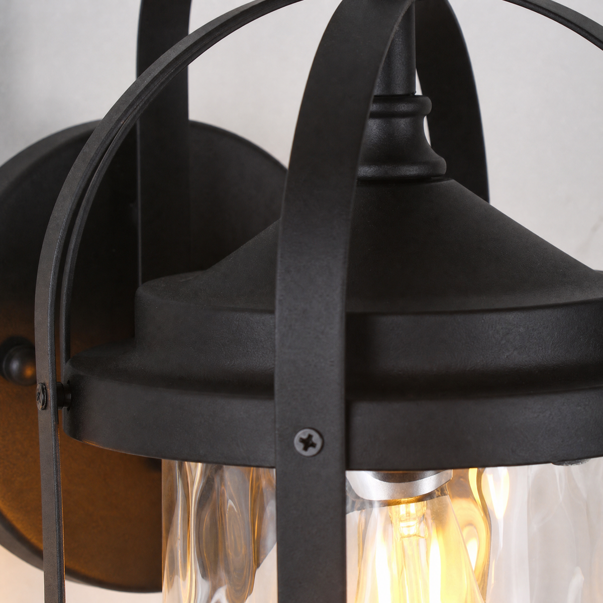 Rustic Matte Black Steel Outdoor Wall Lantern with Textured Glass