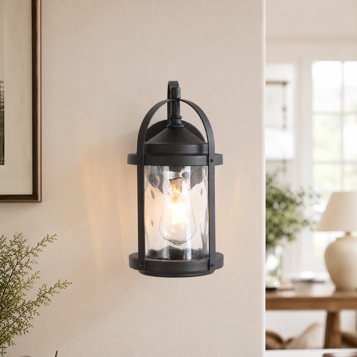Rustic Matte Black Steel Outdoor Wall Lantern with Textured Glass