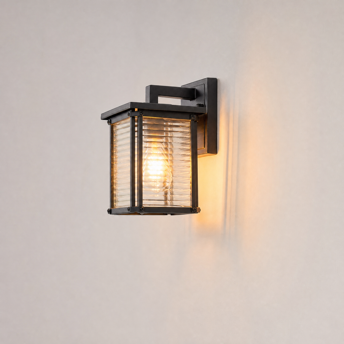 Sand Black Aluminum Ribbed Glass Outdoor Wall Lantern
