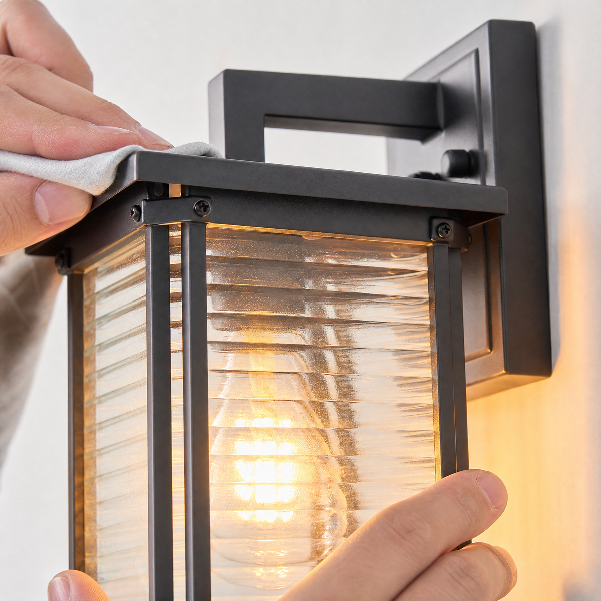 Sand Black Aluminum Ribbed Glass Outdoor Wall Lantern