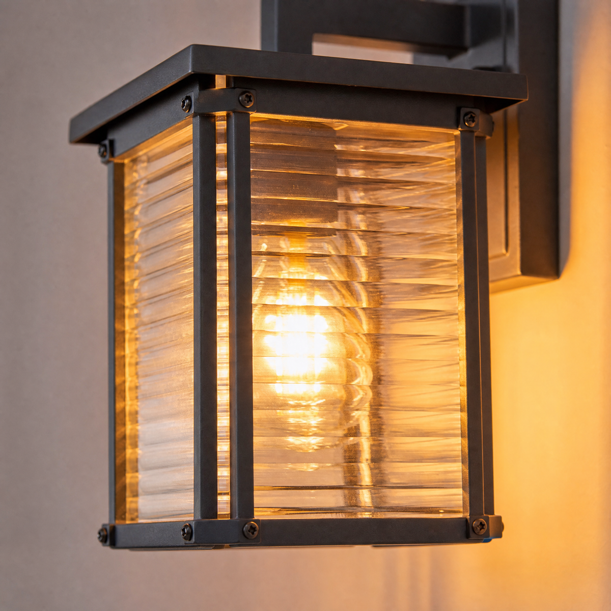 Sand Black Aluminum Ribbed Glass Outdoor Wall Lantern