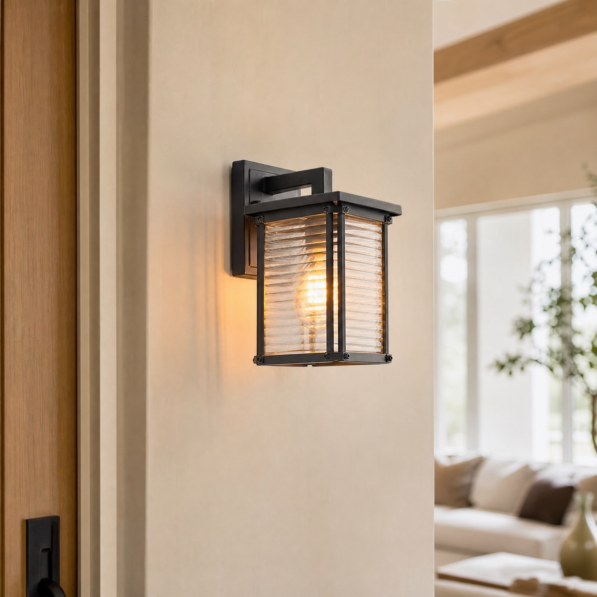 Sand Black Aluminum Ribbed Glass Outdoor Wall Lantern