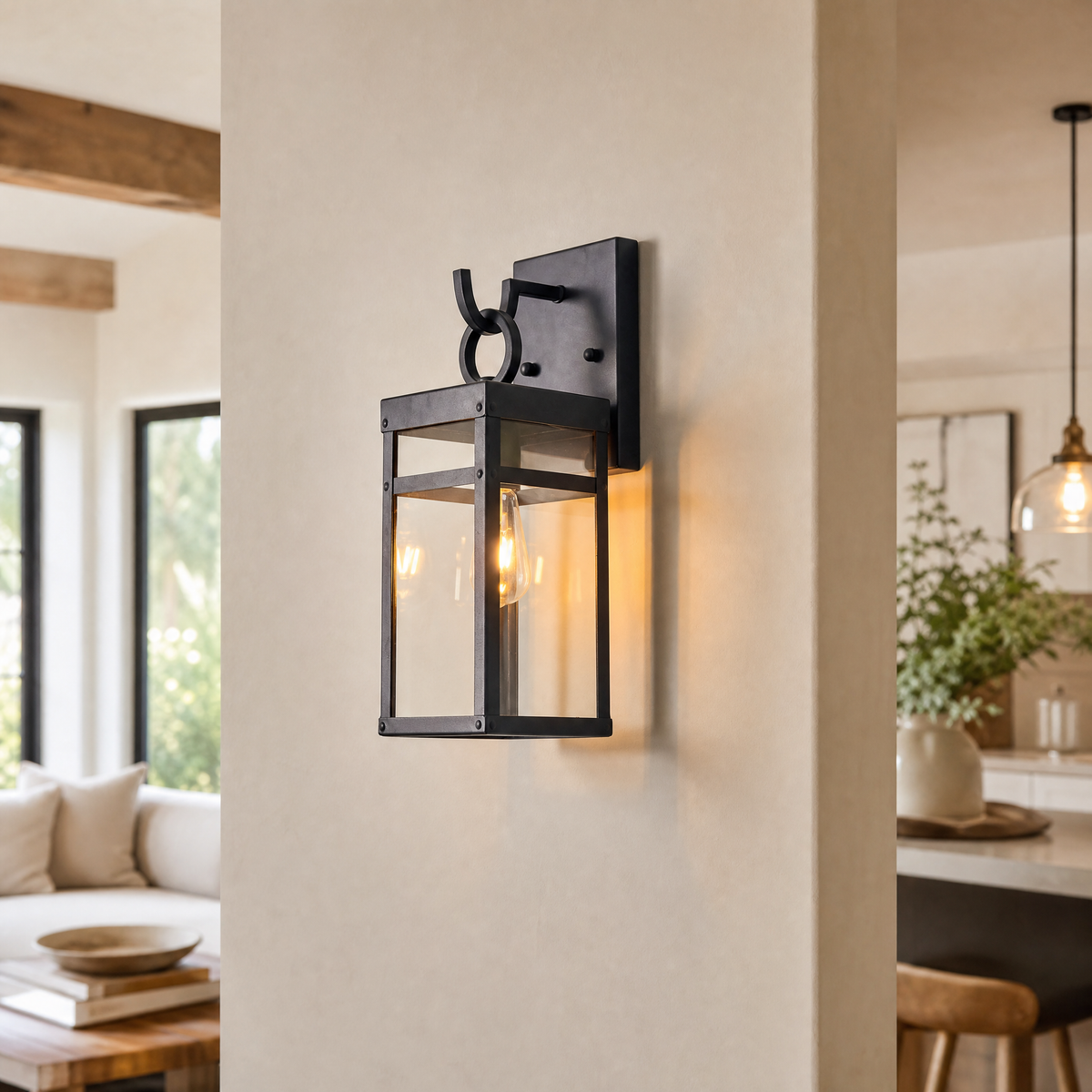 Sand Black Iron and Clear Glass Outdoor Wall Lantern
