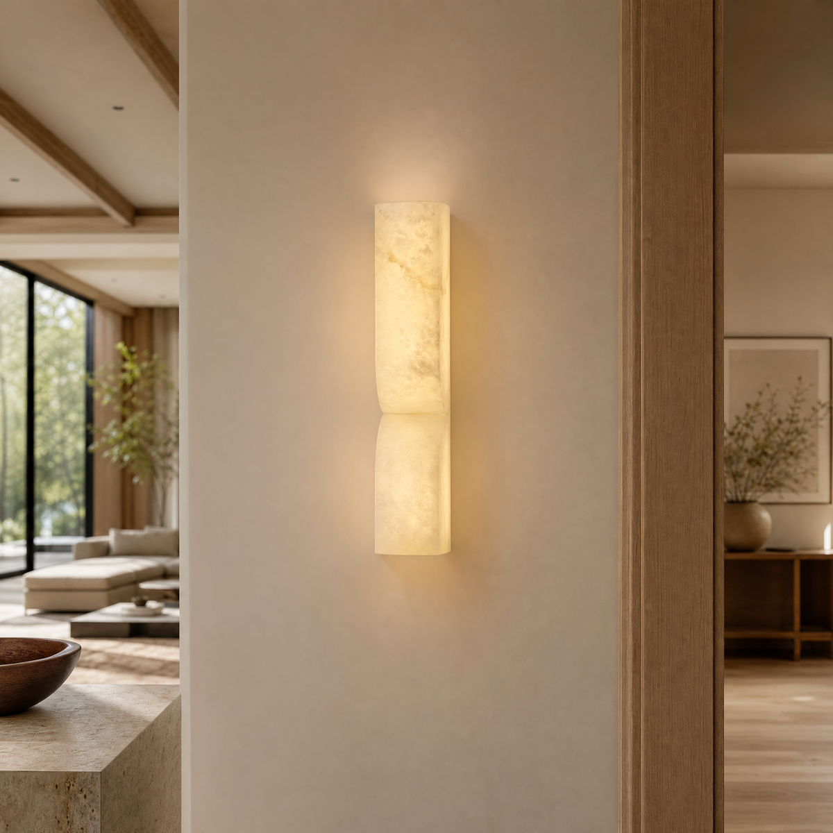 Sculpted Form Raw Stone Pillar Alabaster Wall Sconce