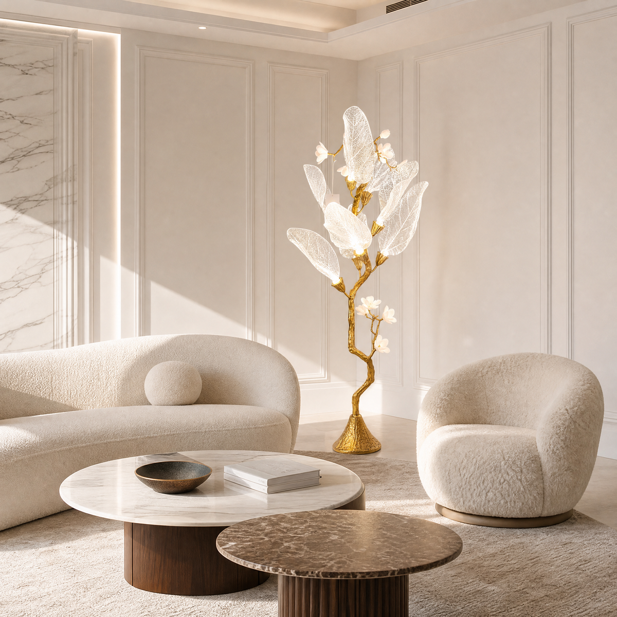 Sculptural Tree Branch Floor Lamp with Frosted Glass Leaves