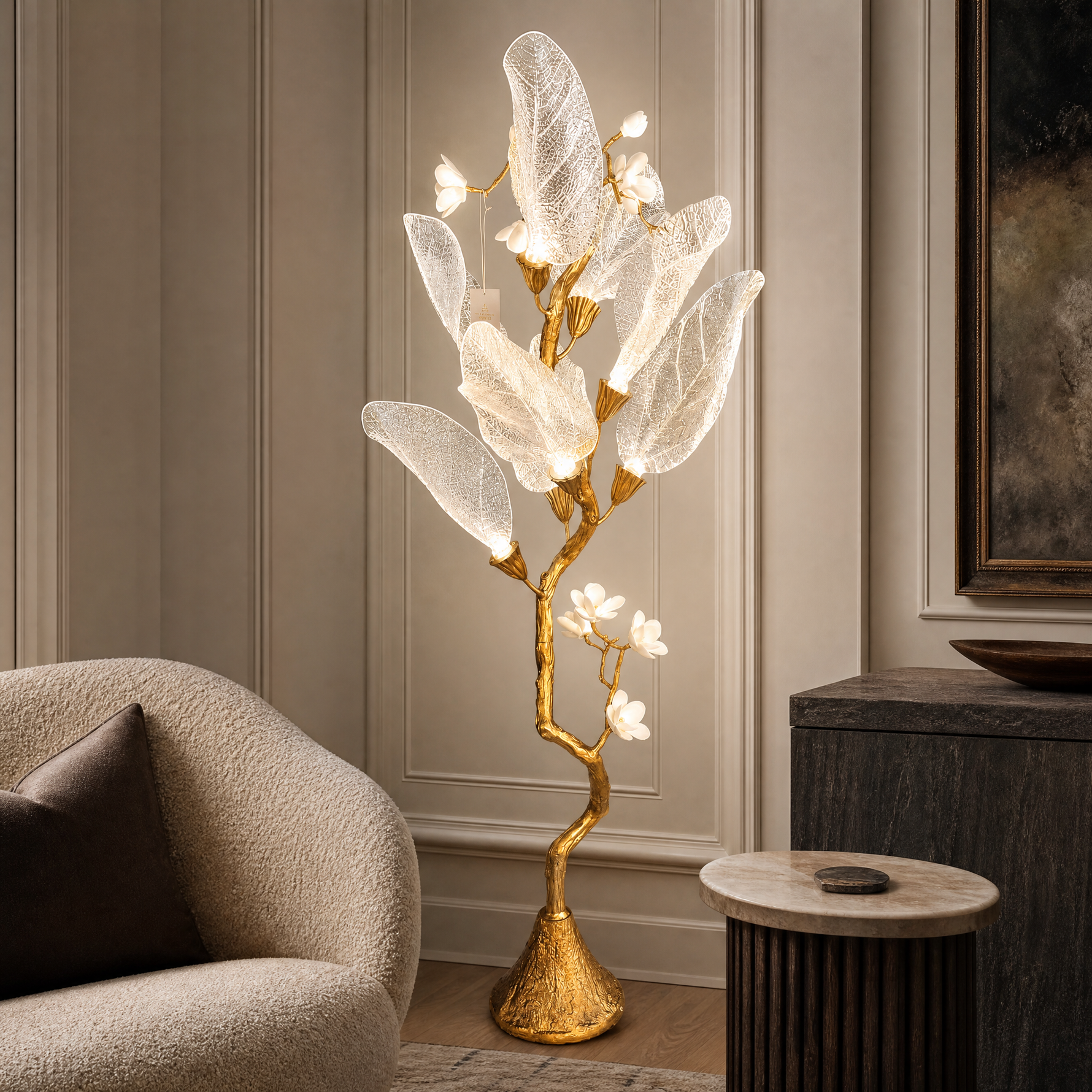 Sculptural Tree Branch Floor Lamp with Frosted Glass Leaves