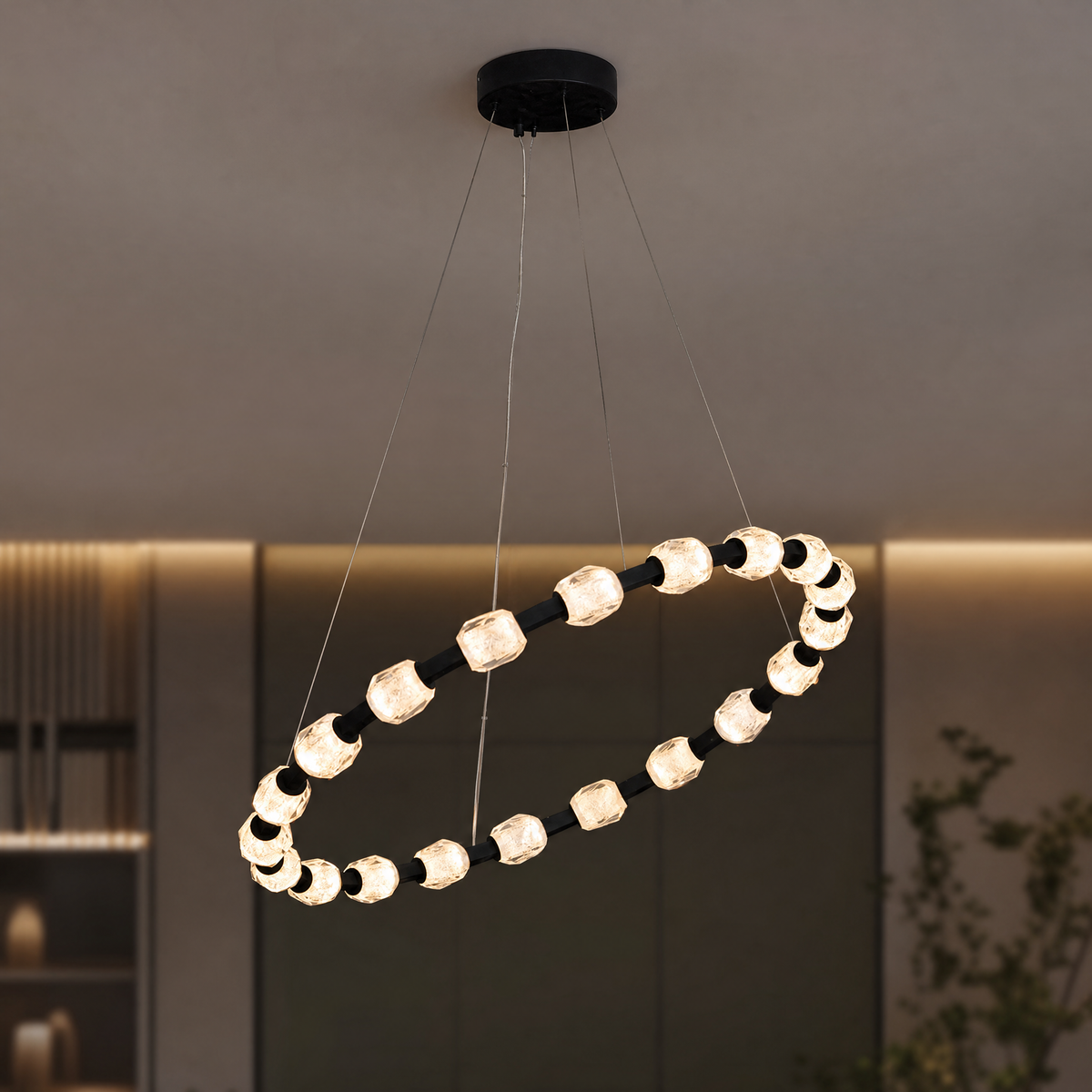 Seduction Round Ring Chandelier, Clear Crystal Beads, Matte Black