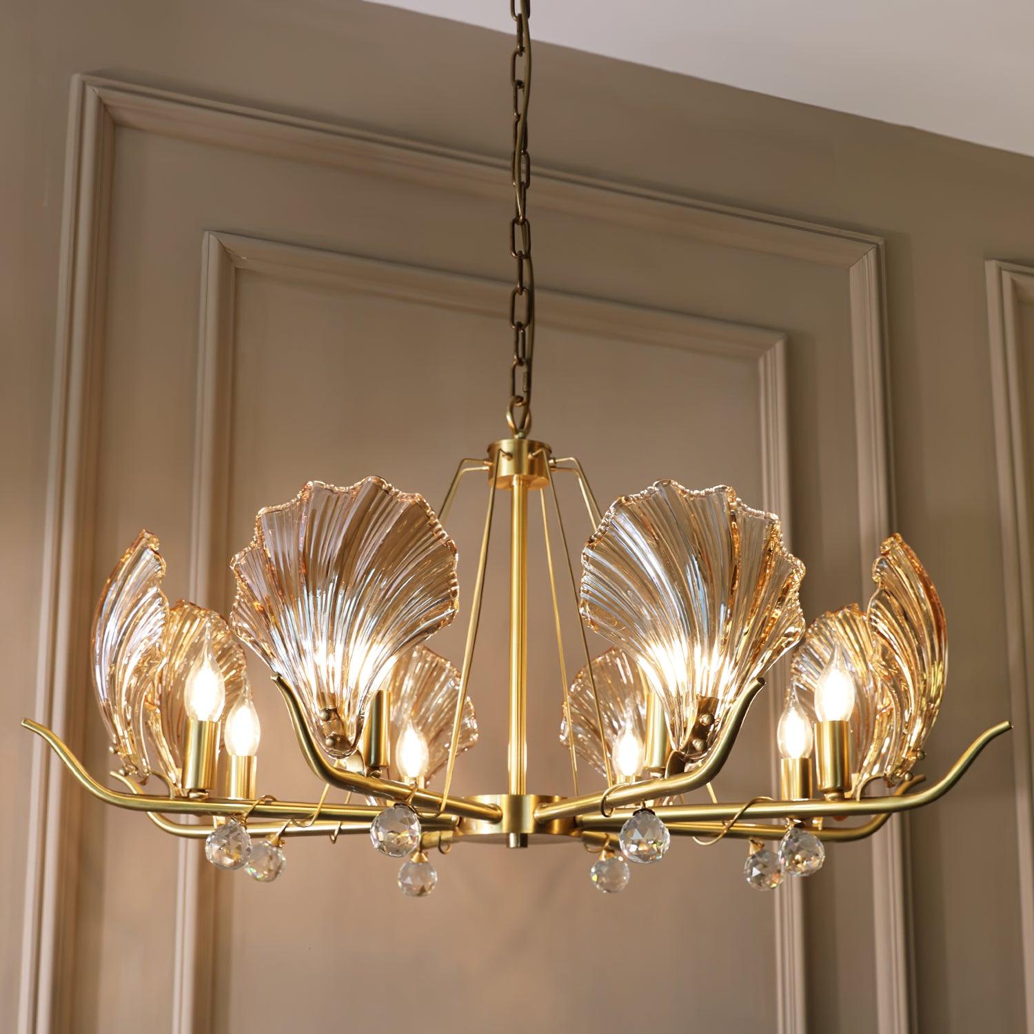 Shell Crystal Chandelier – Brass & Amber Finish, Multiple Heads