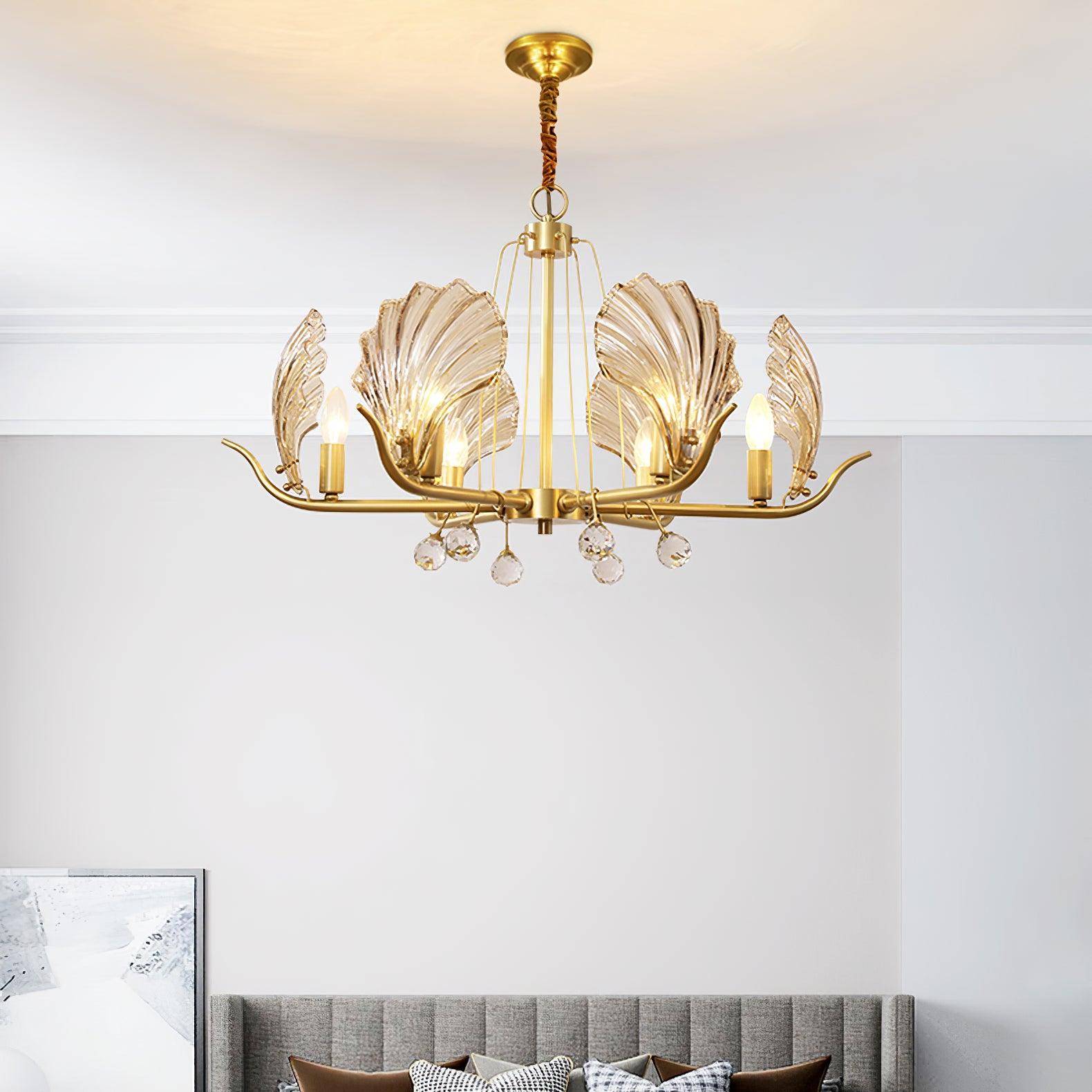 Shell Crystal Chandelier – Brass & Amber Finish, Multiple Heads