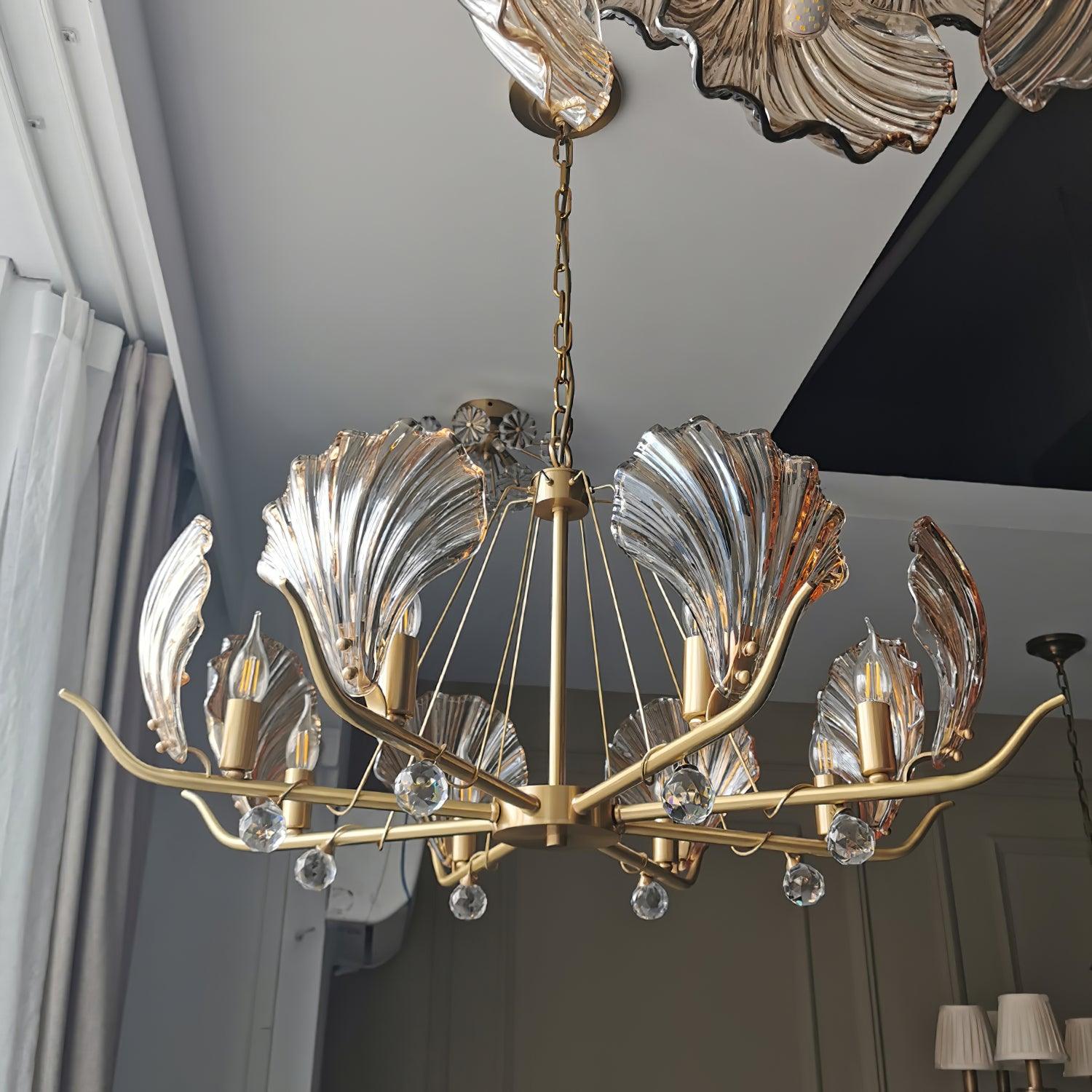 Shell Crystal Chandelier – Brass & Amber Finish, Multiple Heads