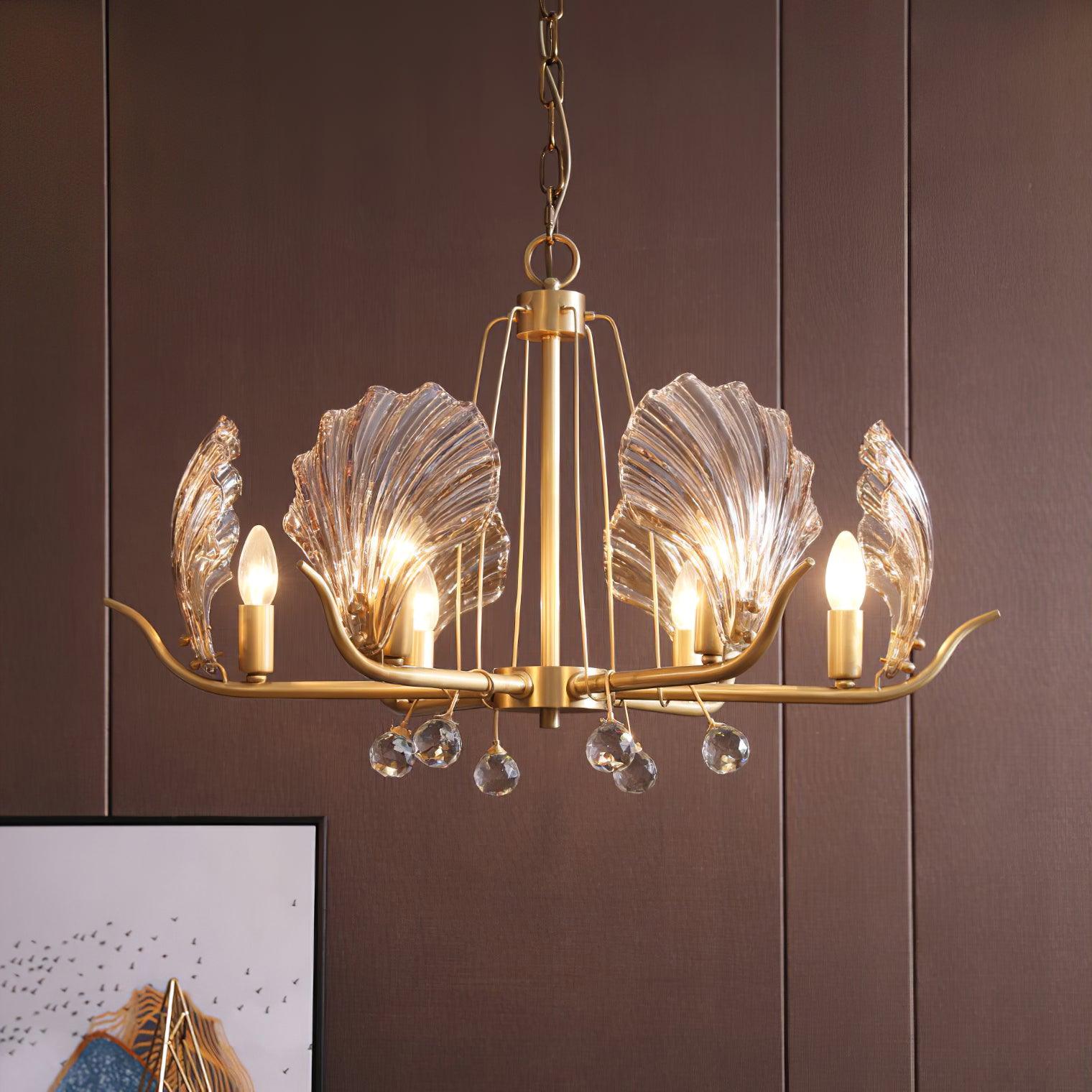 Shell Crystal Chandelier – Brass & Amber Finish, Multiple Heads