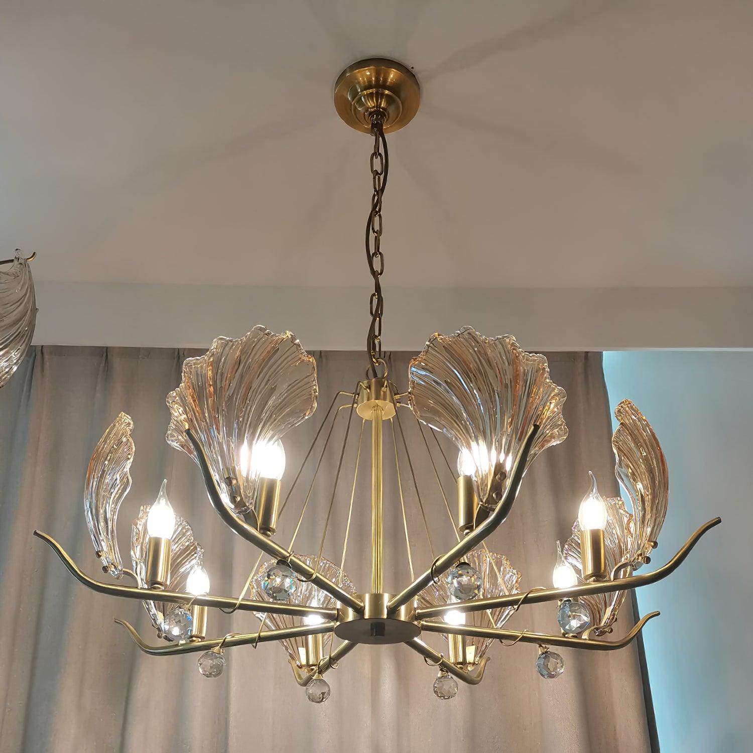 Shell Crystal Chandelier – Brass & Amber Finish, Multiple Heads