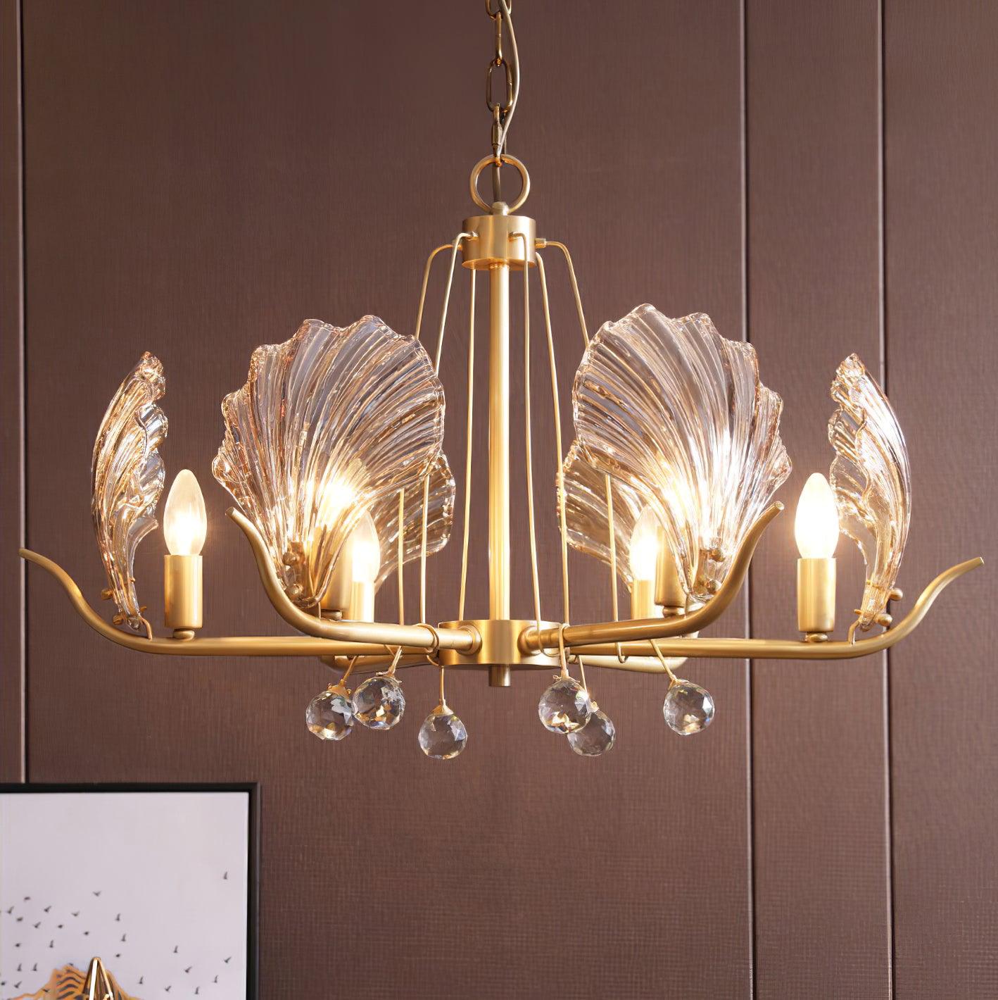 Shell Crystal Chandelier – Brass & Amber Finish, Multiple Heads
