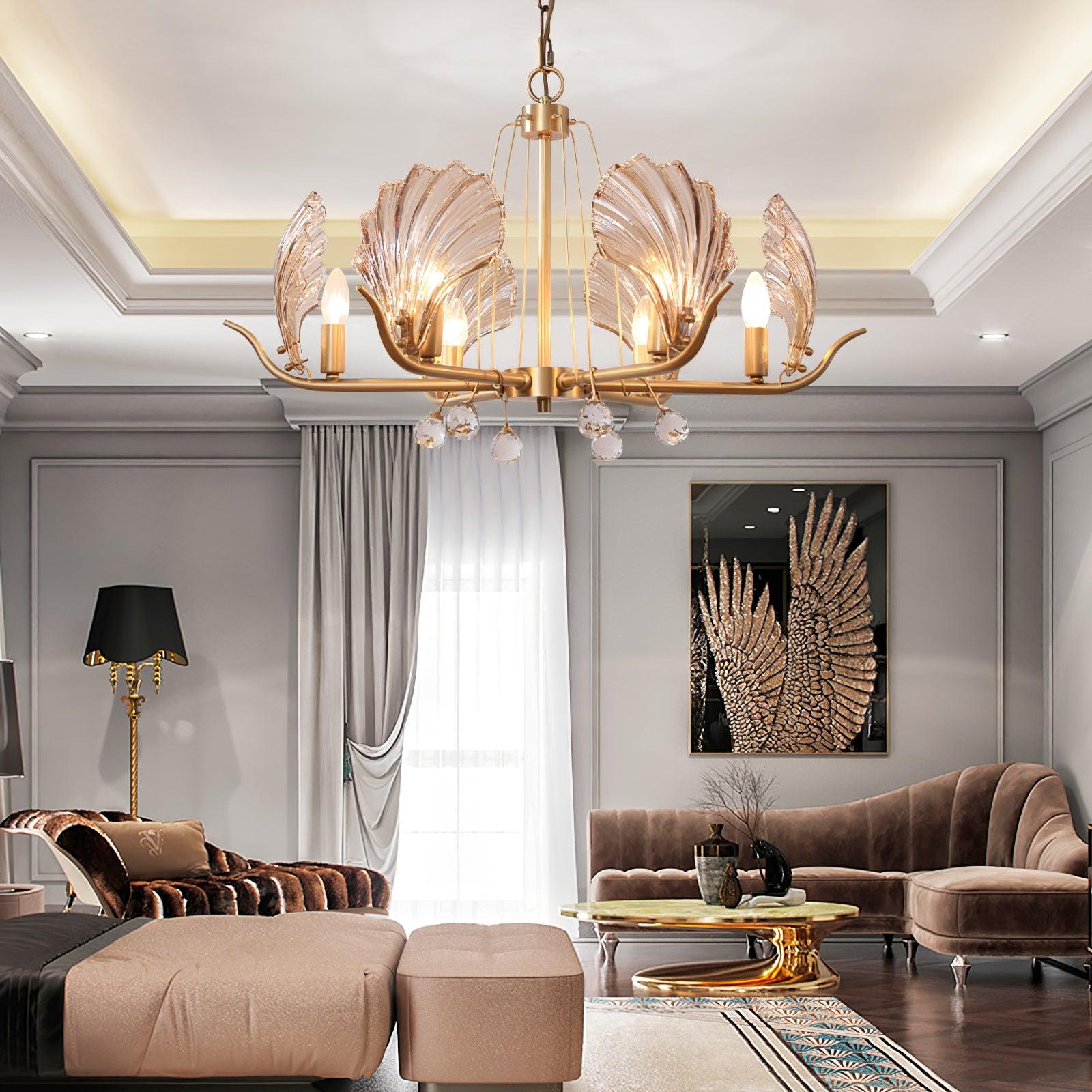 Shell Crystal Chandelier – Brass & Amber Finish, Multiple Heads