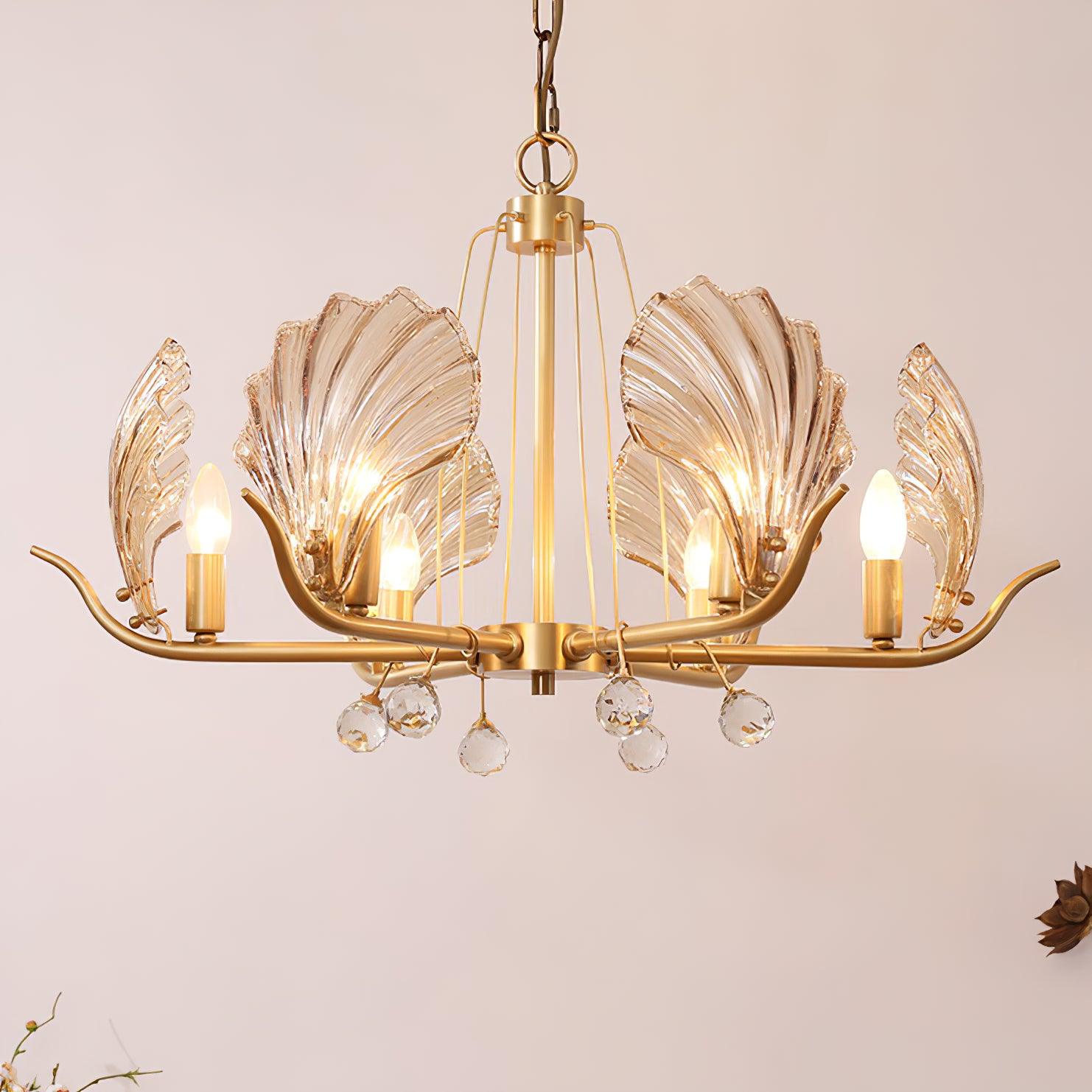 Shell Crystal Chandelier – Brass & Amber Finish, Multiple Heads