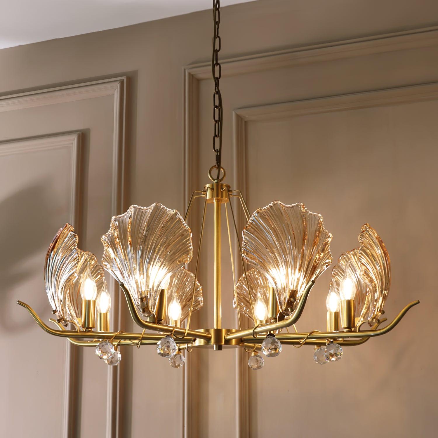 Shell Crystal Chandelier – Brass & Amber Finish, Multiple Heads