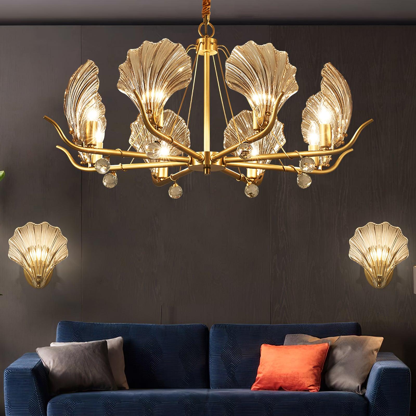 Shell Crystal Chandelier – Brass & Amber Finish, Multiple Heads