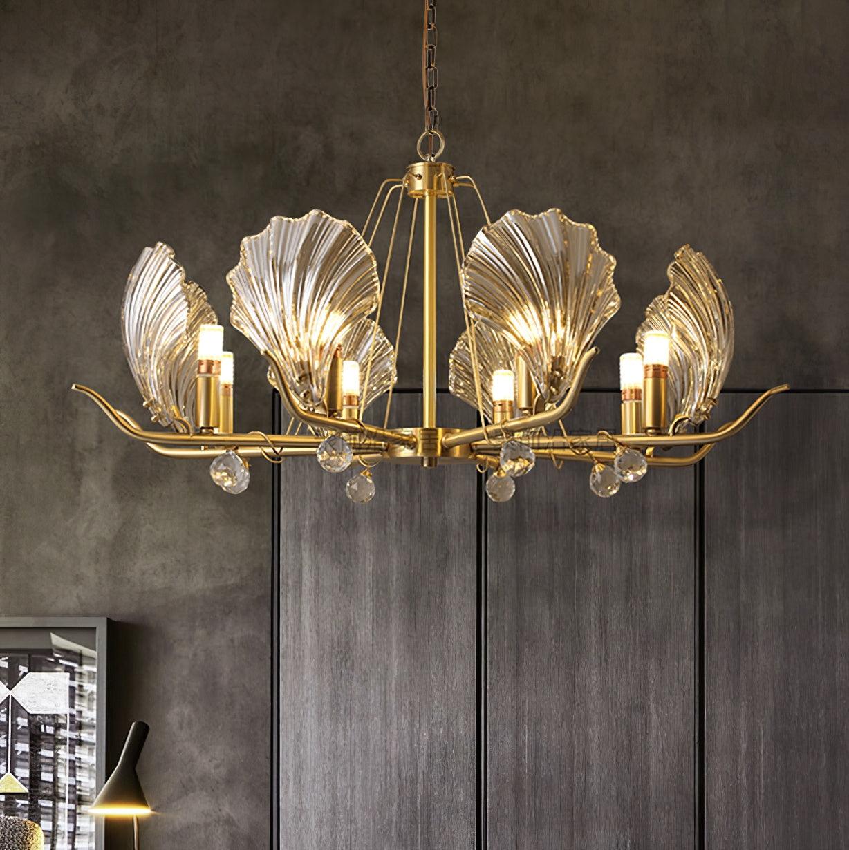 Shell Crystal Chandelier – Brass & Amber Finish, Multiple Heads