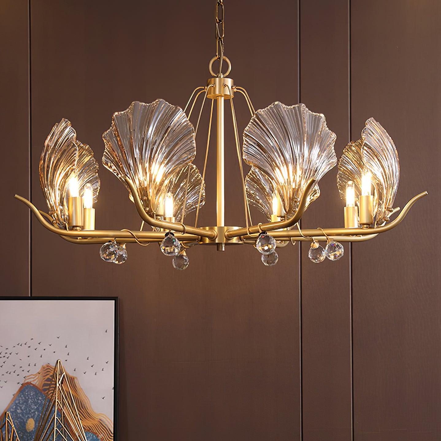 Shell Crystal Chandelier – Brass & Amber Finish, Multiple Heads