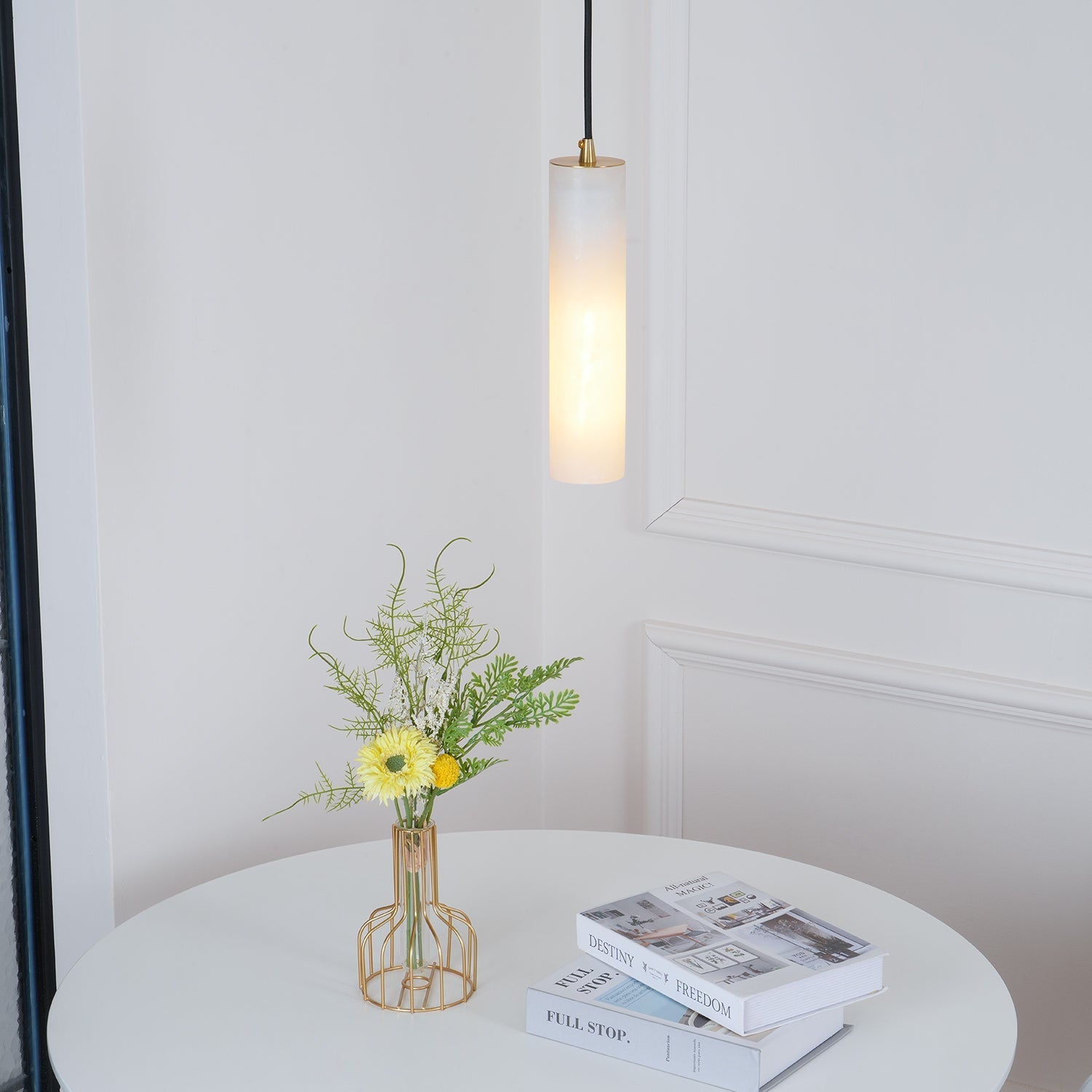 Silo Pendant Light White Alabaster Cylinder Ceiling Lamp