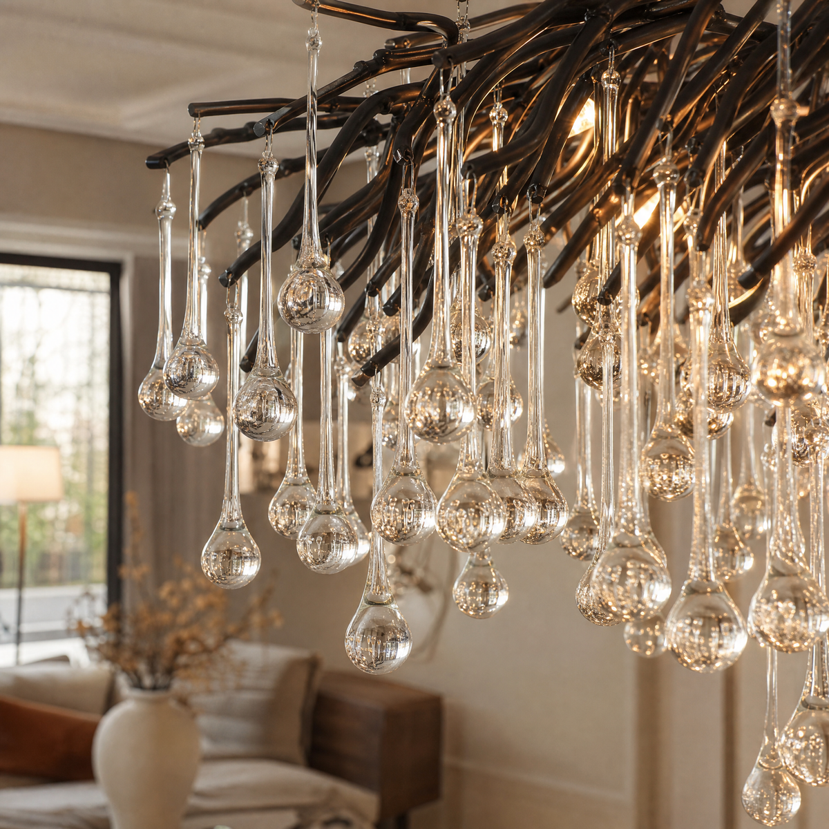 Small Water Drop Branch Oval Pendant 155cm - Black