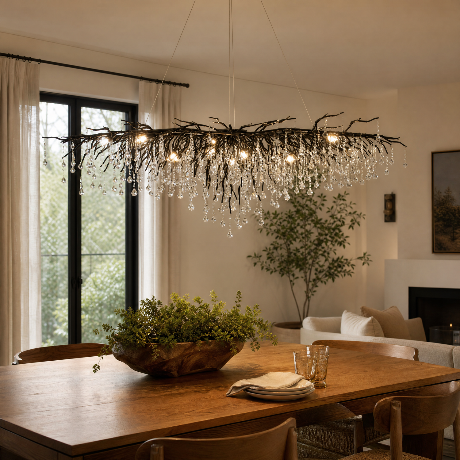 Small Water Drop Branch Rectangular Pendant 155cm - Black